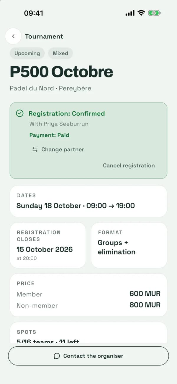 Tournament detail screen in the Palya app