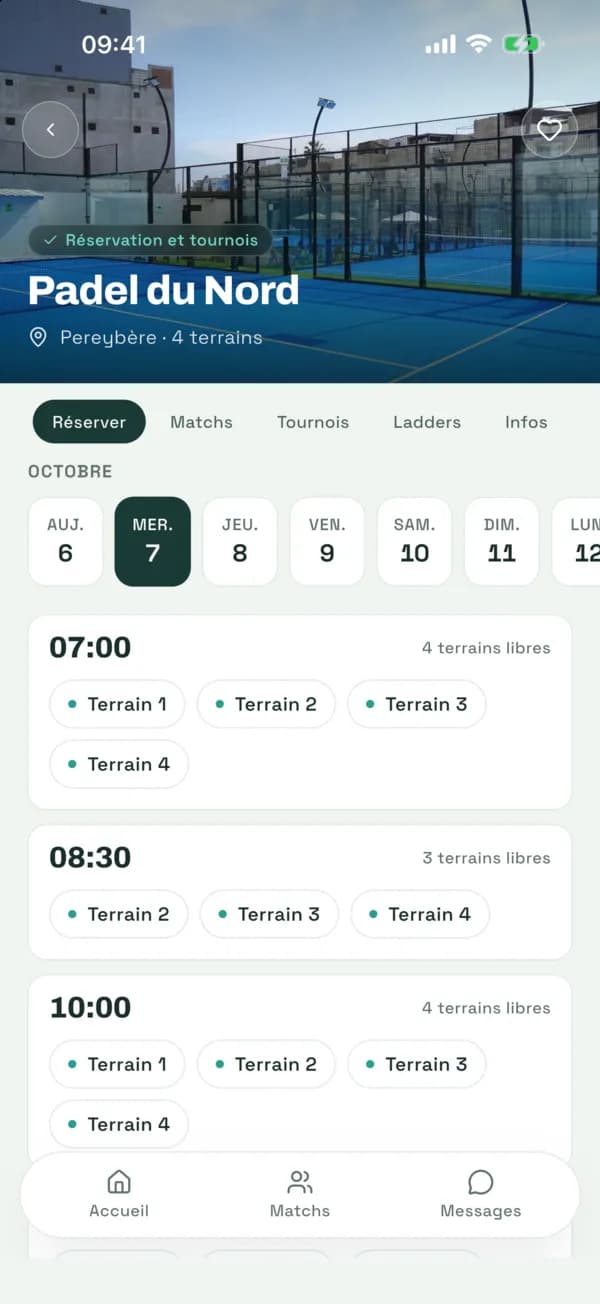 Écran de réservation de terrain dans l'app Palya