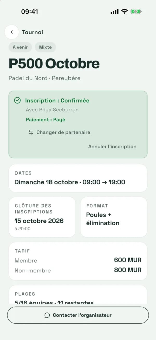 Écran de détail d'un tournoi dans l'app Palya